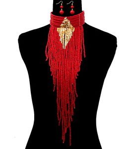 Bold Long Red Bead Necklace Earrings Set Gold Design Statement Fashion Jewelry