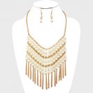 Faux Pearl Gold Chain FringeTassel Necklace Earrings Set Womens Fashion Jewelry