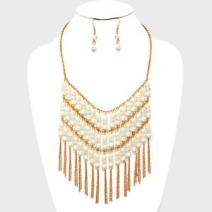 Faux Pearl Gold Chain FringeTassel Necklace Earrings Set Womens Fashion Jewelry