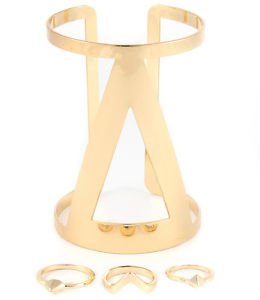 Wide Gold Geo Triangle Cuff Bracelet Midi Rings Fashion Jewelry For Women
