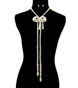 Long Bow Shaped Cream Pearl Necklace Set Design Fashion Accessories Jewelry