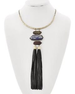 Blue & Brown Stone Black Faux Leather Cord Necklace Long Statement Fashion