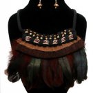 Statement Black Brown Green Thread and Feather Necklace Set Fashion Jewelry