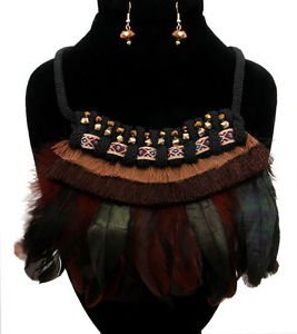 Statement Black Brown Green Thread and Feather Necklace Set Fashion Jewelry