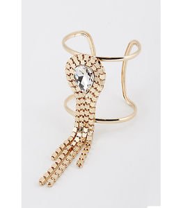 Gold Chain Teardrop & Stone Open Cuff Cutout Bracelet Fashion Jewelry 2.5"