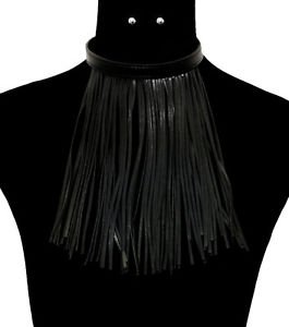 Statement Black Leatherette Tassel Necklace Earrings Set Drop Fringe Milan