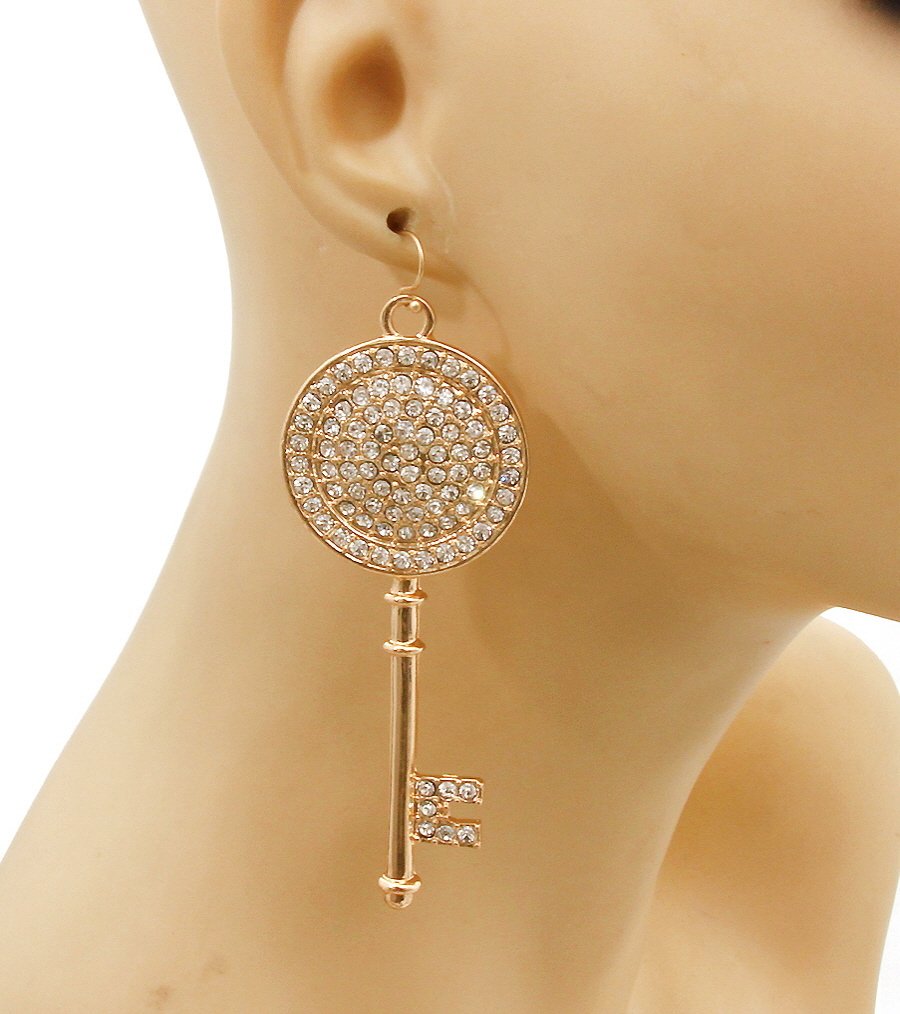 Long Bling Gold Key Earrings Rhinestone Drop Dangle Style Fashion Jewelry