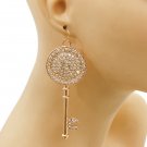 Long Bling Gold Key Earrings Rhinestone Drop Dangle Style Fashion Jewelry