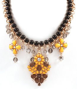 Black Bead Yellow Tear Drop Stone Necklace Gold Plated Chain Lightweight Fashion