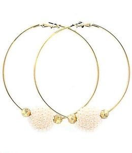 Large Statement Gold Plated Cream Pearl Bead Hoop Earrings Fashion Jewelry 3"