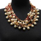 Red Cotton Plaid Tweed Cream Pearl Necklace Earrings Set Fashion Jewelry