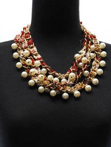 Red Cotton Plaid Tweed Cream Pearl Necklace Earrings Set Fashion Jewelry