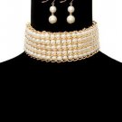 Gold Plated Chunky Multi Row Choker Pearl Necklace Set Statement Jewelry