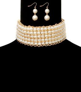 Gold Plated Chunky Multi Row Choker Pearl Necklace Set Statement Jewelry