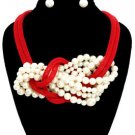 The Mashi Red Mesh and Cream Pearl Necklace Set Statement Fashion Jewelry