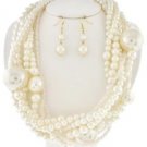 Cream Layered Multi Row Twist Pearl Necklace Set Statement Fashion Jewelry