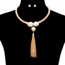 Gold Omega Chain Cream Pearlsand Tassel Necklace Earrings Set Fashion Jewelry