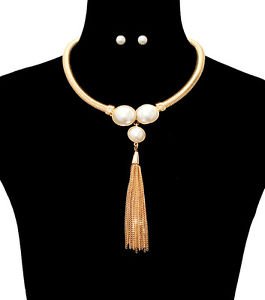 Gold Omega Chain Cream Pearlsand Tassel Necklace Earrings Set Fashion Jewelry