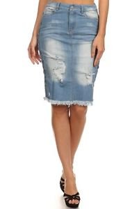Destroyed Distressed Ripped Torn Frayed Lace Up Pencil Denim Jean Skirt