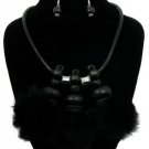 Statement Black Cord Bead and Fur Pendant Necklace Earrings Set Fashion Jewelry