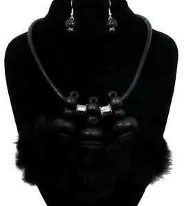 Statement Black Cord Bead and Fur Pendant Necklace Earrings Set Fashion Jewelry