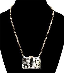 Black and White Magazine Clutch Pendant Necklace Gold Chain Fashion Jewelry
