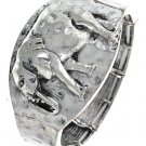 Chunky Wide Burnished Silver Elephant Bracelet Stretchable Fashion Jewelry