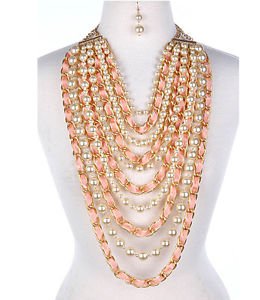 Cream Chunky Long Dangle Drop Pearl w/Weaved Pink Ribbon Necklace Set Statement
