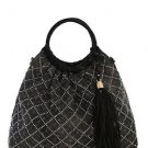 Washed Jean Handbag with Tassel Distresed Denim Fabric Black Large Hobo