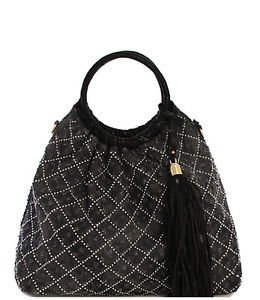 Washed Jean Handbag with Tassel Distresed Denim Fabric Black Large Hobo
