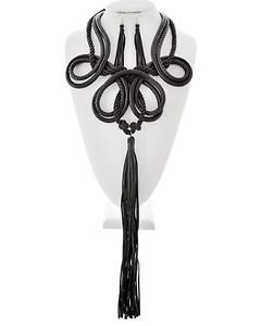 Oversized Statement Black Leatherette & Cord Tassel Necklace Earrings Set Shiima