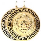 Round Gold Lion Head Black Greek Key Earrings Statement Leo Lion of Judah 2.75'