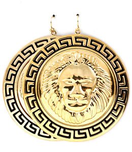 Round Gold Lion Head Black Greek Key Earrings Statement Leo Lion of Judah 2.75'