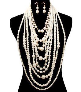 The Glam Cream Chunky Long Dangle Drop Pearl Necklace Set Statement Jewelry
