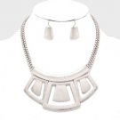 Matte Silver Geometric Metal Cutout Bib Necklace Earrings Set Fashion Jewelry
