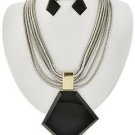 Silver Multi Chain Geo Black Acrylic Pendant Necklace Earring Set Statement
