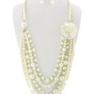 Long Chunky Cream Flower Pendant Pearl Necklace Set Multi Layer Statement