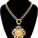 Bold Lion Head Pendant Necklace Faux Pearls Crystal Stones Statement Gold Chain