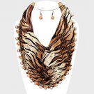 Brown Tiger Animal Print Scarf Necklace Set Pearls Stones Faux Leather Cords