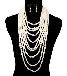The Lady Cream Chunky Long Dangle Drop Pearl Necklace Set Statement Jewelry