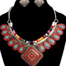 Tribal Multi Color Metal Thread Rope Burnished Silver Pendant Necklace Statement