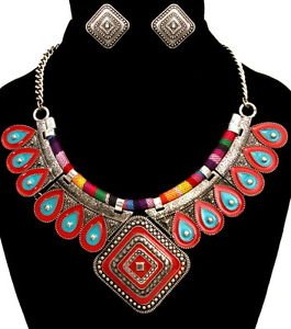 Tribal Multi Color Metal Thread Rope Burnished Silver Pendant Necklace Statement