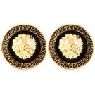 Small Round Gold Plated Lion Head Earrings with Greek Key Pattern Fashion Jewelr