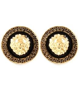 Small Round Gold Plated Lion Head Earrings with Greek Key Pattern Fashion Jewelr