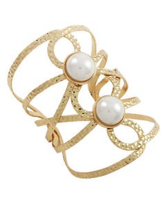 Swirl Wide Cuff Pearl Bracelet Bangle Adjustable Cream Fashion Jewelry 3.75"