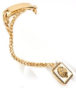 Gold Leo Lion Head ID Plate Bracelet Attached Ring Trendy Fashion Jewelry Judah