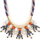 Fabric Cord Blue Orange Clear Stone Necklace Statement Fashion Jewelry Dangle