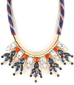 Fabric Cord Blue Orange Clear Stone Necklace Statement Fashion Jewelry Dangle