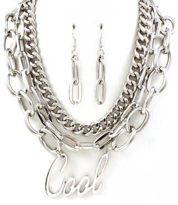 Word "Cool" Pendant Silver Chain Multi Layer Statement Runway Fashion Jewelry