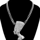 Big Bold Silver Plated Nefertiti Bust Pendant Curb Chain Necklace Egyptian Theme